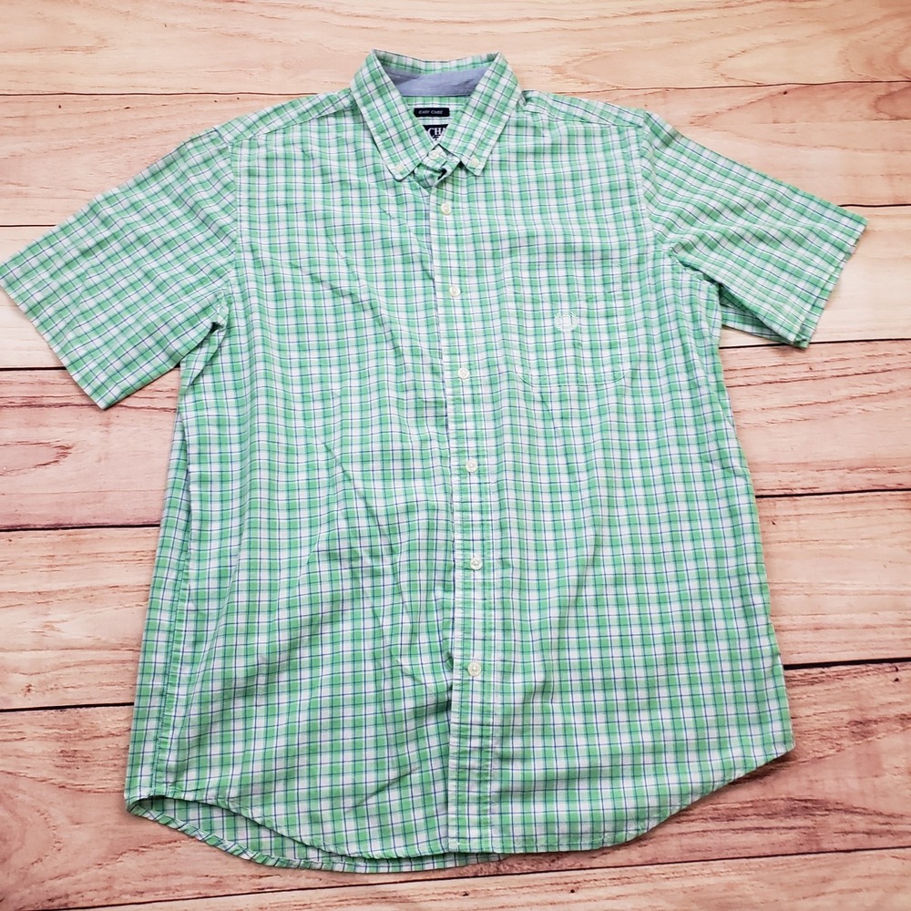 Chaps Ralph Lauren Shirt Mens Medium Green Button Up Short Sleeve Check Adult *